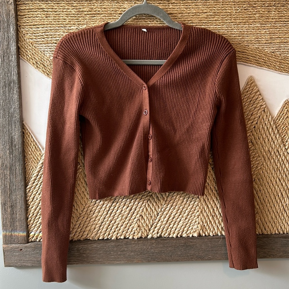Brown cropped ribbed cardigan